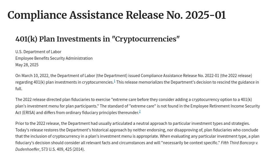 May 2025 DOL document revokes 2022 guidance, allows crypto-neutral approach in US 401(k) plans.