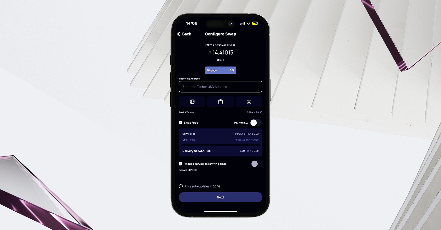 TRX to USDT swap setup screen in Klever Wallet, displaying receiving address, slippage and fee with KLV points.