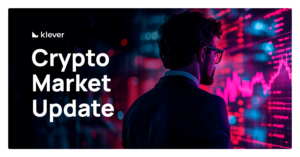 A professional observes cryptocurrency charts on a digital screen, next to the title 'Crypto Market Update' from Klever.