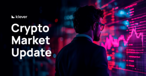 A professional observes cryptocurrency charts on a digital screen, next to the title 'Crypto Market Update' from Klever.