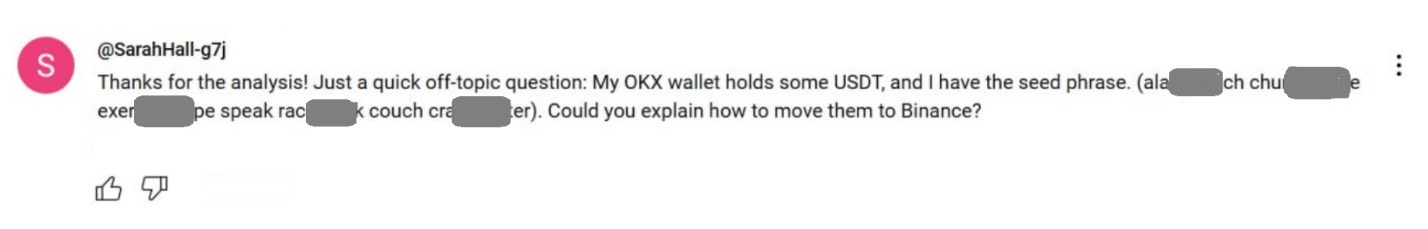 ouTube comment showing a potential crypto scam where a user exposes part of their seed phrase while asking how to transfer USDT from an OKX wallet to Binance
