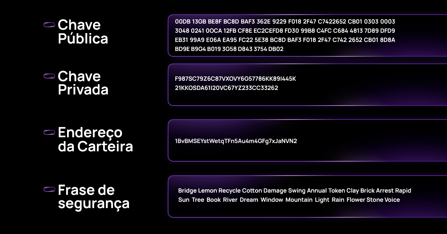 Exemplo visual de chave pública, chave privada, endereço de carteira e frase-semente usados ​​em segurança de criptografia