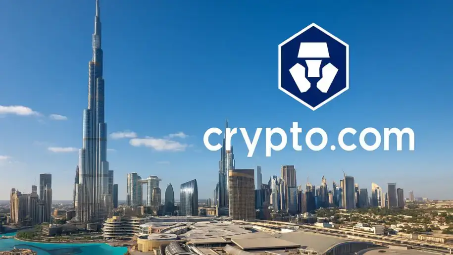 Crypto.com logo over Dubai skyline featuring the Burj Khalifa, symbolizing crypto adoption in the UAE.