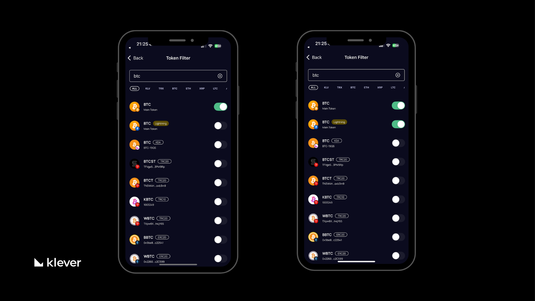 wo smartphone screens showing the Token Filter section in Klever Wallet. The Bitcoin Lightning toggle is visible and enabled on the right screen, alongside other Bitcoin variants like BTC Mainnet, BTC KDA, and WBTC. Klever logo appears in the bottom-left corner