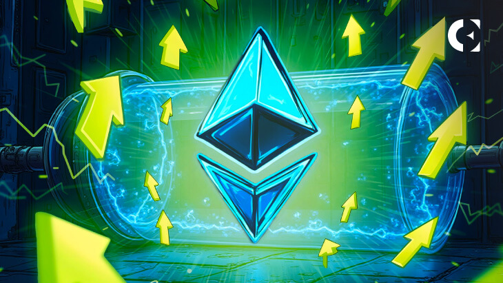 Ethereum symbol prominently displayed in the center of a futuristic energy chamber, surrounded by green arrows pointing upwards.