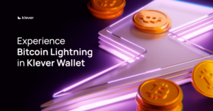 glowing lightning bolt with Bitcoin coins scattered around, representing fast transactions. Text reads ‘Experience Bitcoin Lightning in Klever Wallet’ with Klever logo on top left