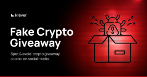 Illustration warning users about fake crypto giveaways on social media, featuring a red background, a bug popping out of a box, and the Klever logo with the text: "Fake Crypto Giveaway – Spot & avoid crypto giveaway scams on social media