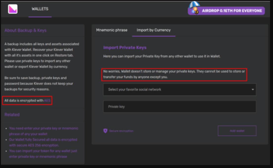 Fake wallet import screen tricking users into submitting their private keys to claim an airdrop, with misleading reassurances about privacy and encryption