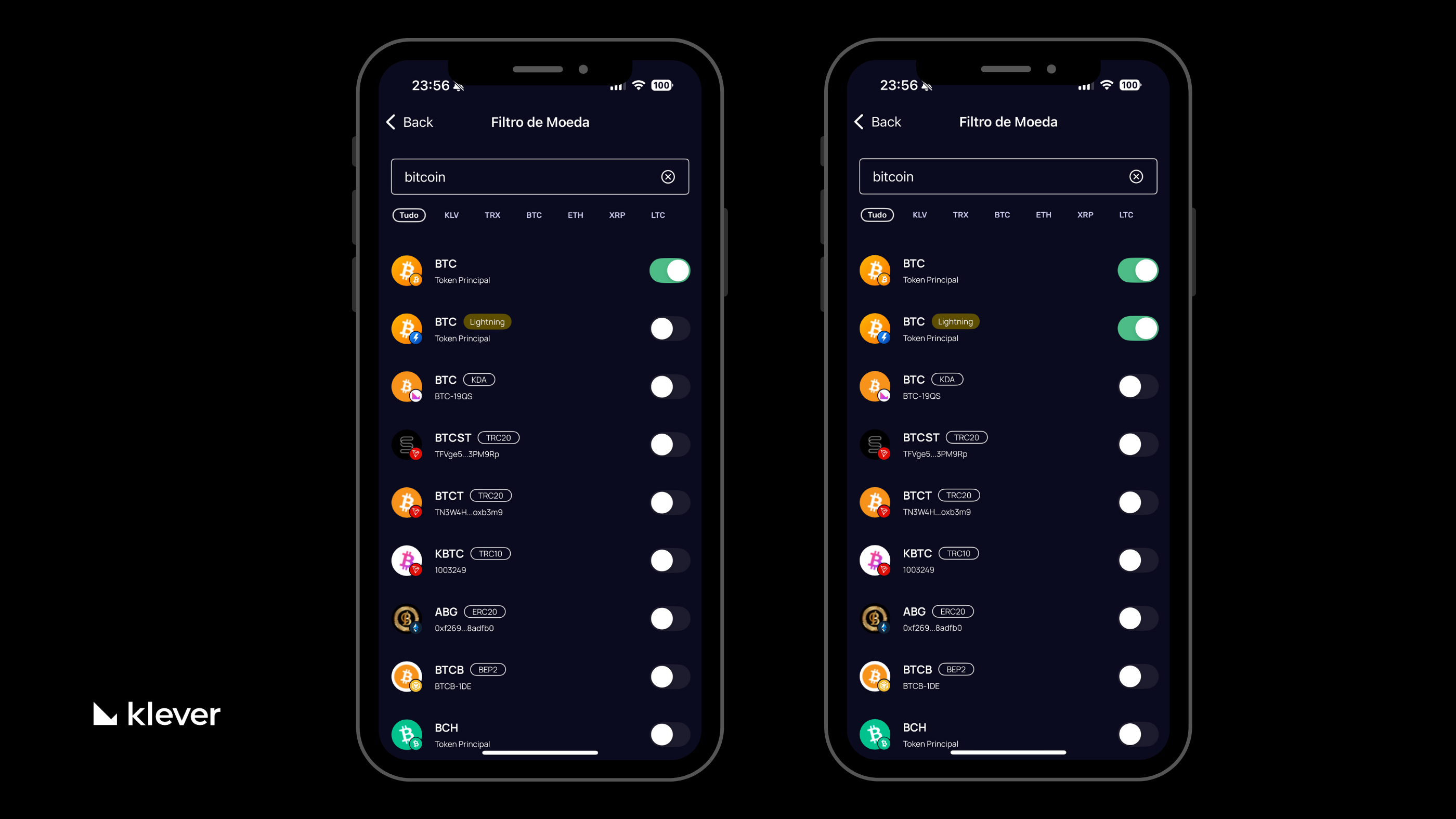 Tela do filtro de moedas na Klever Wallet mostrando o Bitcoin Lightning ativado manualmente.