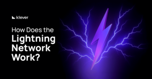 Klever branding with a lightning bolt graphic and the text 'How Does the Lightning Network Work?' on a dark background with electric purple lightning visuals