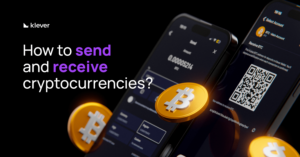 Klever Wallet showing Bitcoin sending and receiving screens with QR Code and floating BTC coins