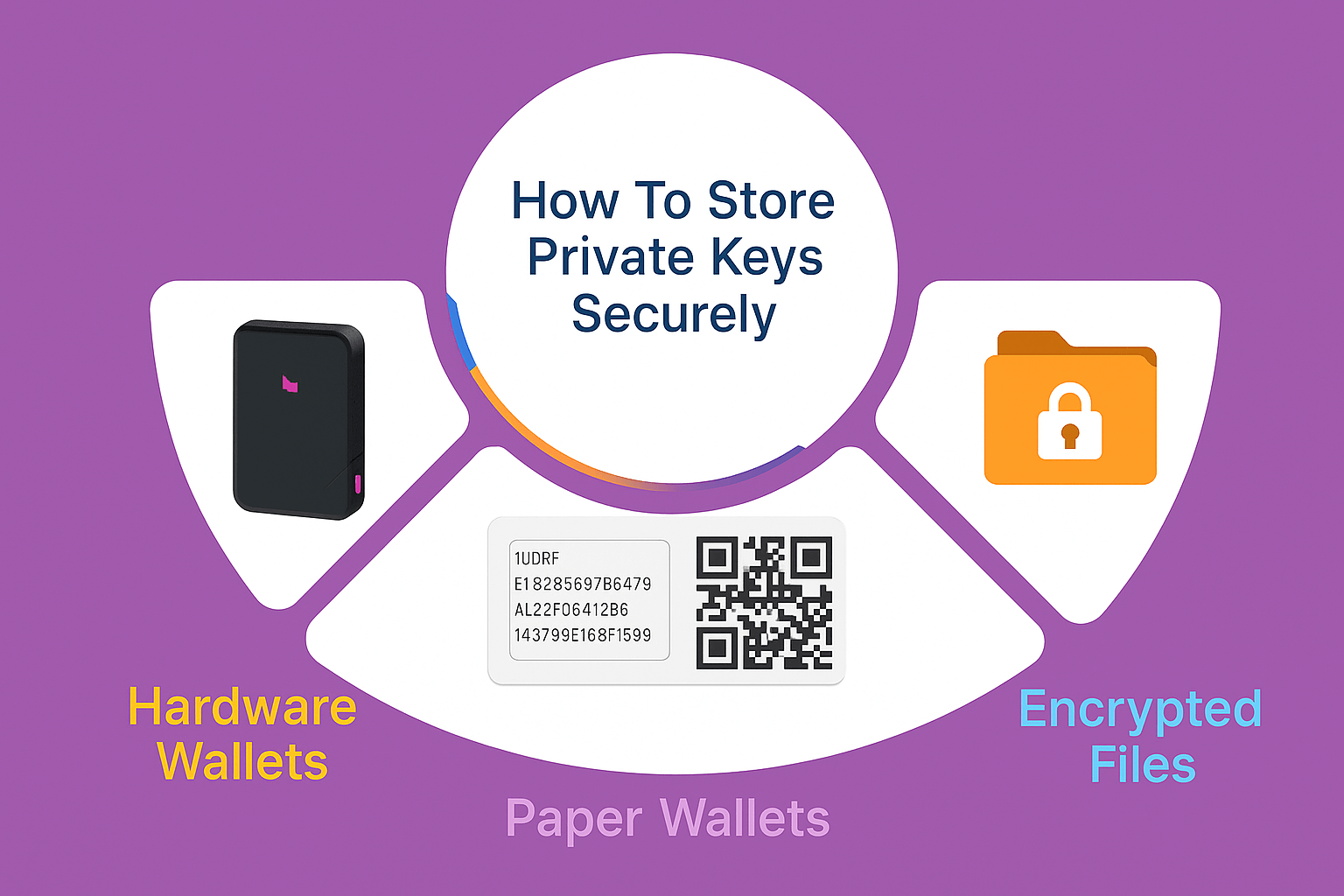Visual with three secure methods to store private keys: physical wallets, printed paper and encrypted files