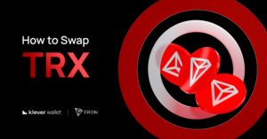 TRON network's TRX coins in red target, highlighting swap tutorial with Klever Wallet.