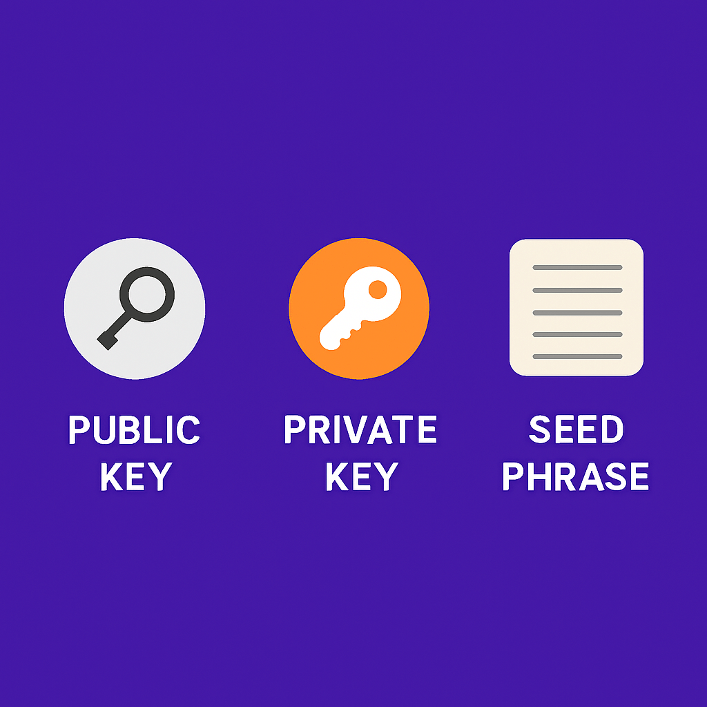 Icons representing a public key, private key, and seed phrase on a purple background, highlighting key crypto security elements.