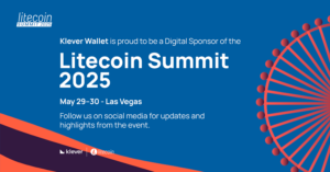 Graphic announcing Klever Wallet as a Digital Sponsor of the Litecoin Summit 2025. The event takes place May 29–30 in Las Vegas. Includes Litecoin Summit logo, Klever and Litecoin logos, and a red circular pattern on a blue background