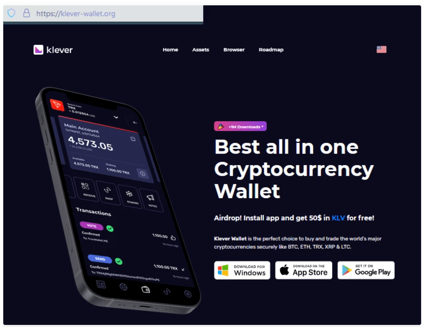 Fake Klever Wallet website impersonating the official app, promoting a false $50 KLV airdrop offer to lure victims into downloading and connecting their wallets