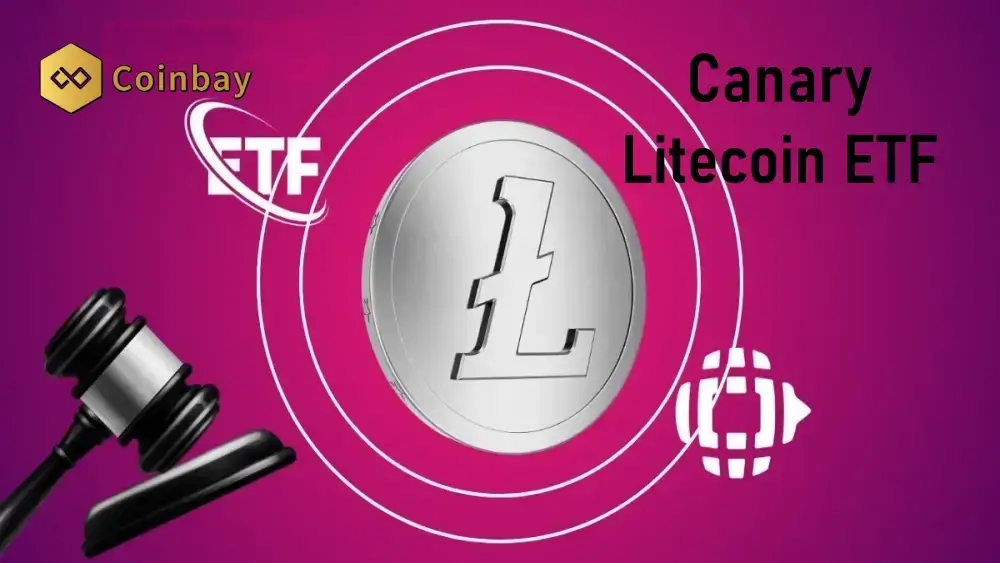 Coinbay logo with Litecoin coin in the center, Canary Litecoin ETF text and court gavel, regulatory approval