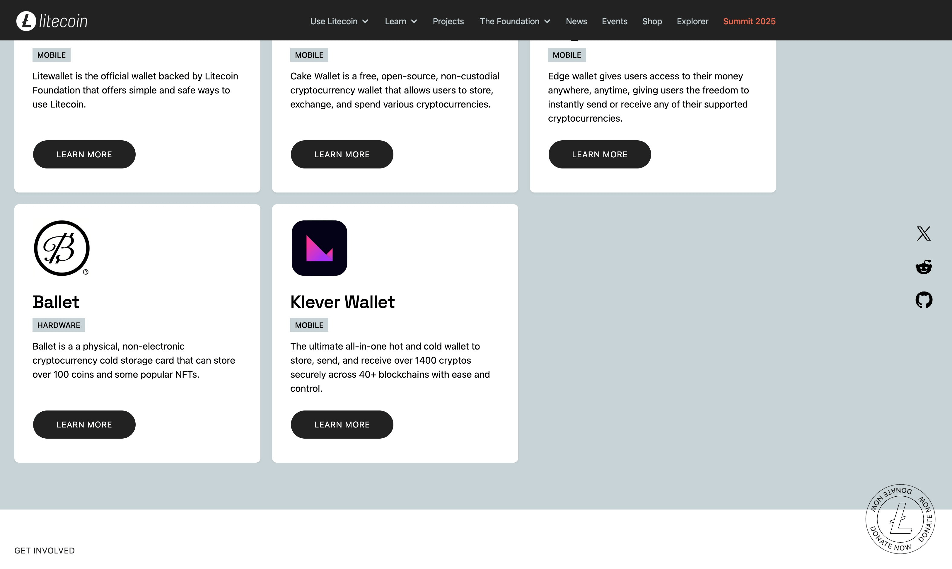 Official Litecoin wallet recommendations including Litewallet, Cake Wallet, Edge Wallet, Ballet, and Klever Wallet, covering mobile and hardware storage options