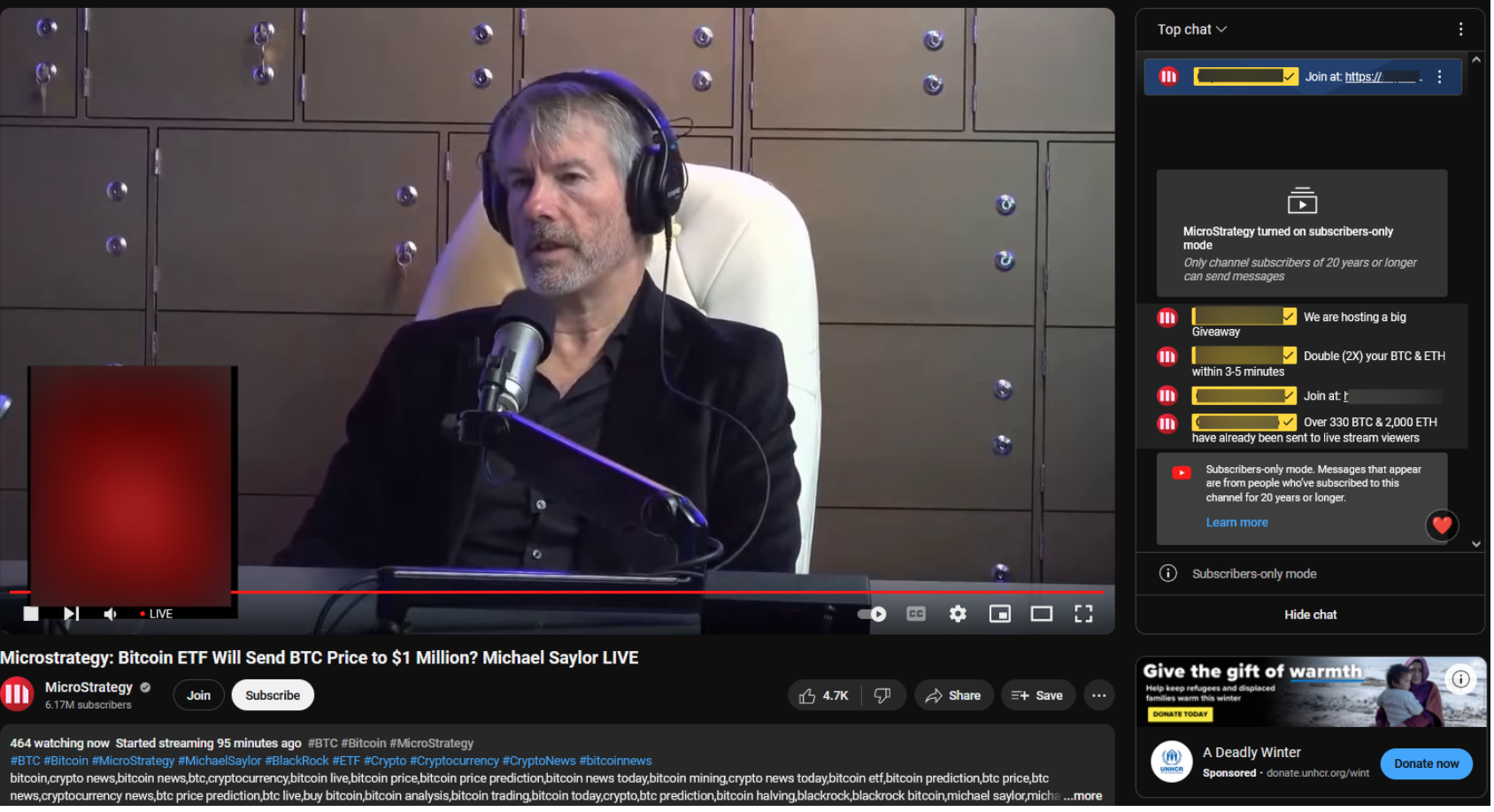 Screenshot of a hijacked YouTube livestream impersonating Michael Saylor, showing a fake crypto giveaway chat promising to double BTC and ETH, with overlay text and impersonated branding used to lure viewers into a phishing scam