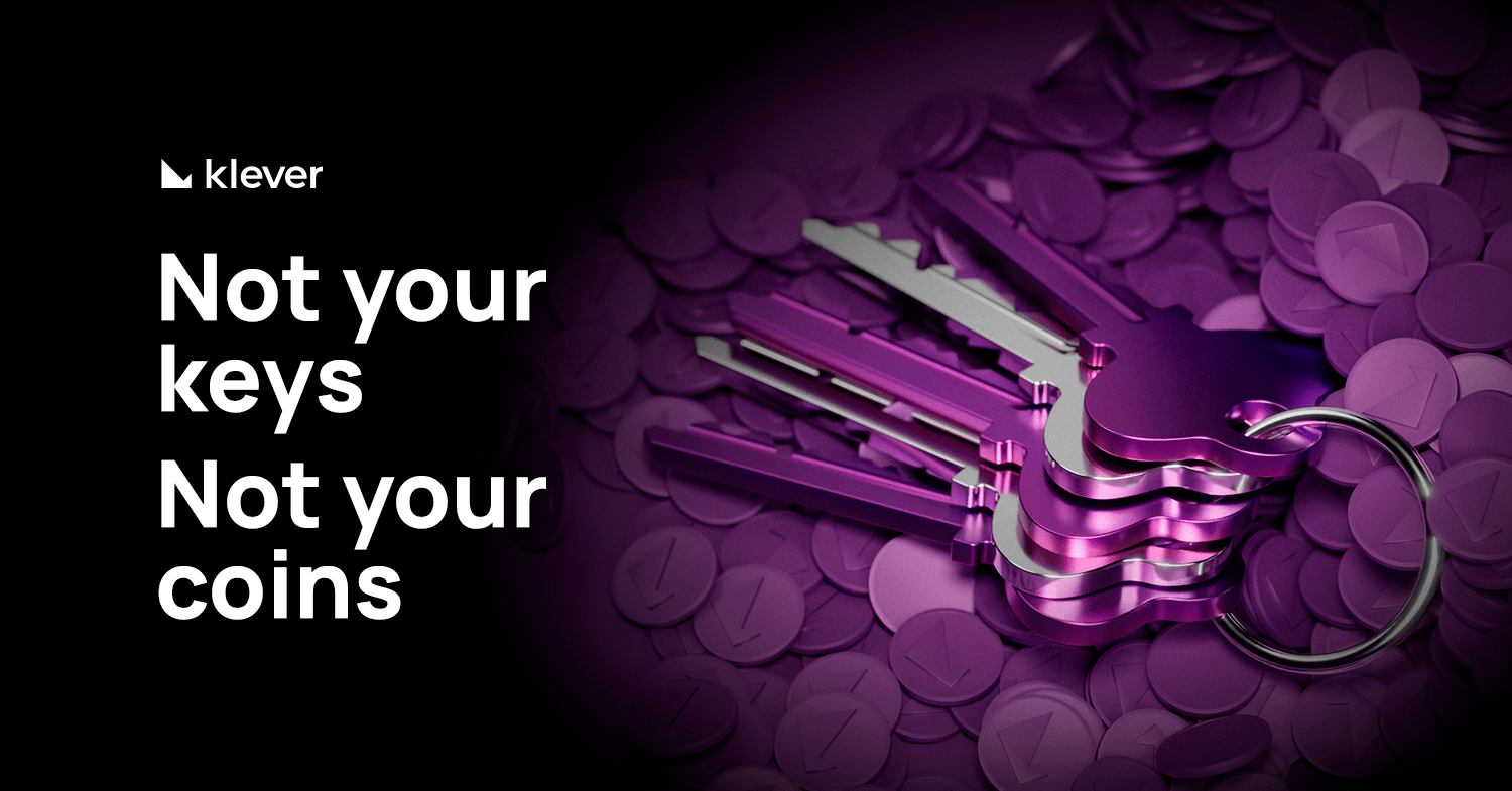 Metal keychain with purple keys over crypto tokens, next to the phrase “Not your keys, not your coins” and the Klever logo.