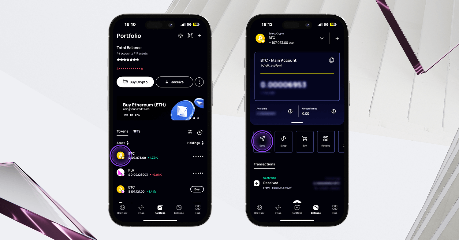 Klever Wallet interface displaying Bitcoin balance and highlighted button to send cryptocurrencies in the portfolio tab.
