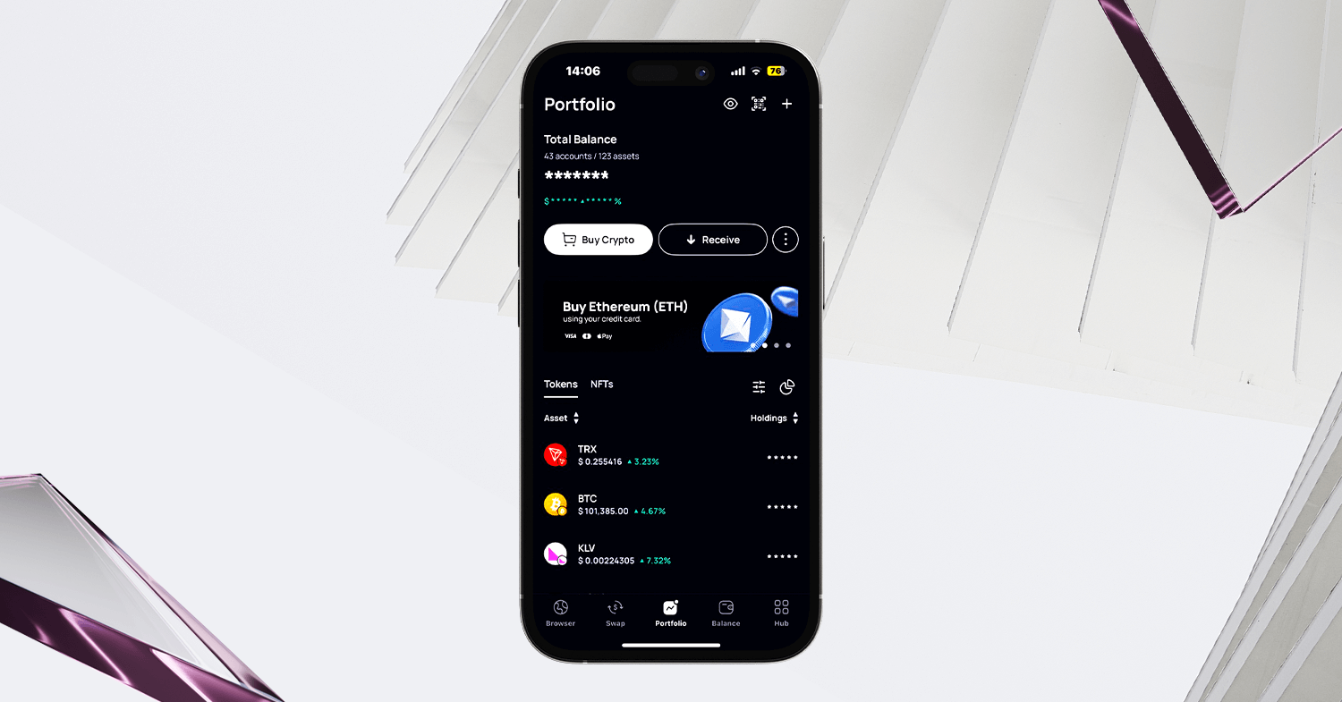 Klever Wallet app screen displaying crypto portfolio with TRX, BTC and KLV, with options to buy and receive.