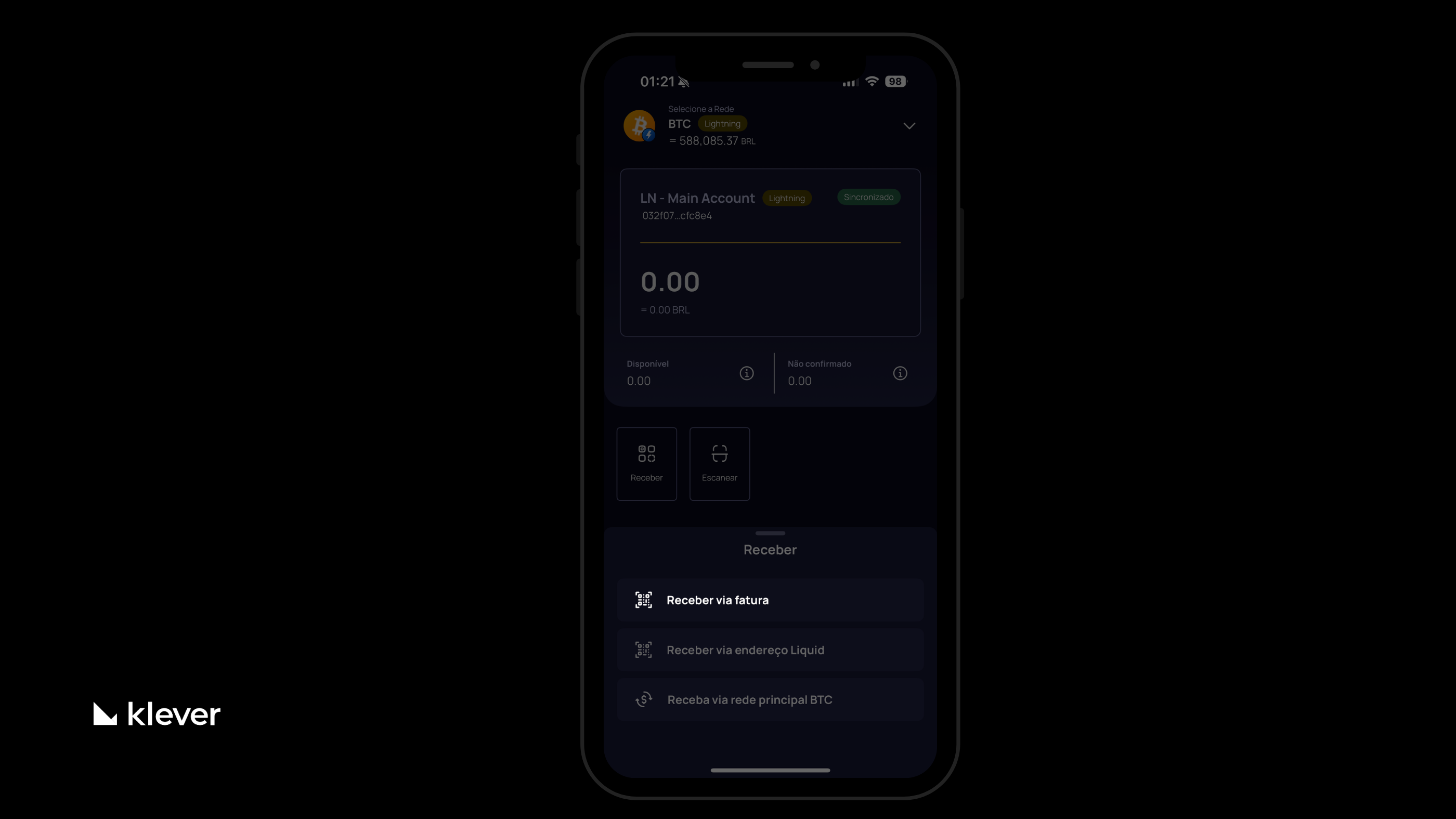 Tela da Klever Wallet com a opção “Receber via fatura” selecionada na conta Bitcoin Lightning