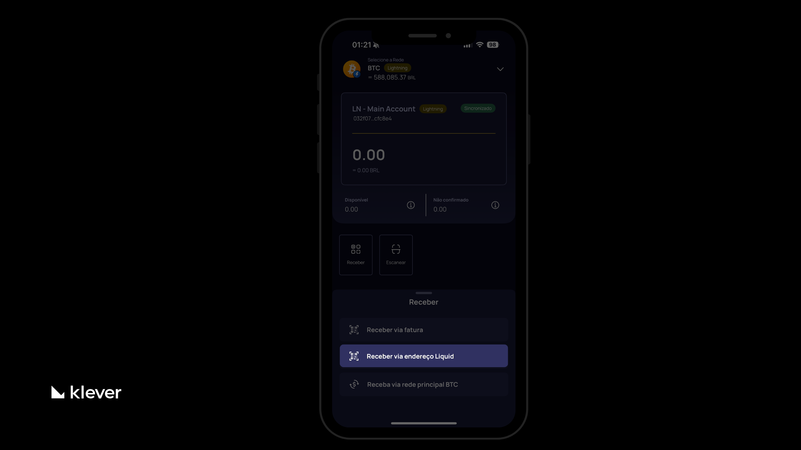 Tela da Klever Wallet com a opção “Receber via endereço Liquid” selecionada na conta Bitcoin Lightning.