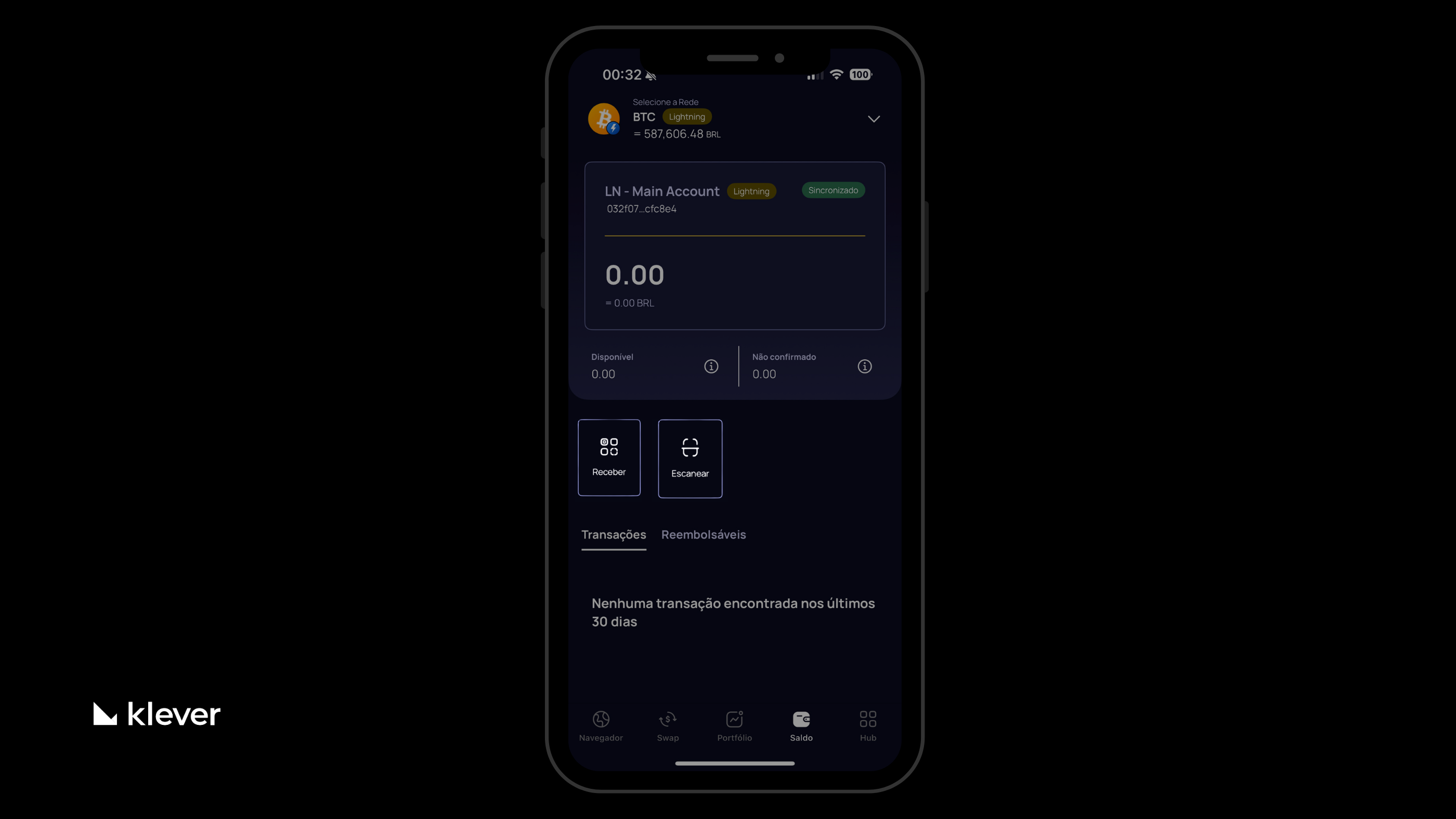 Tela da Klever Wallet com a conta Bitcoin Lightning sincronizada, destacando os botões “Receber” e “Escanear” para iniciar transações na Lightning Network