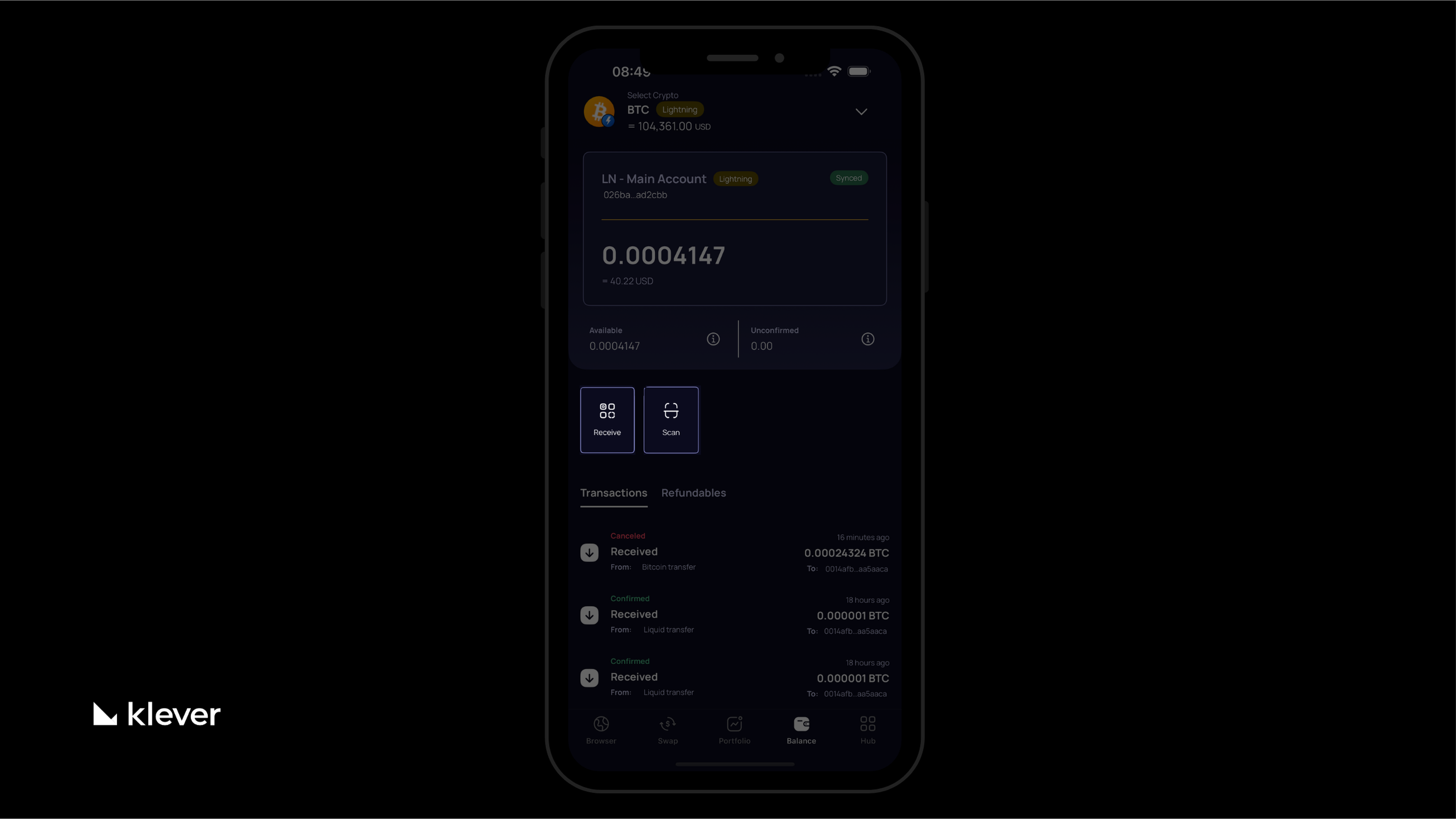 Klever Wallet interface showing a synced Bitcoin Lightning account with balance, ‘Receive’ and ‘Scan’ buttons highlighted, and a transaction history including confirmed and canceled entries