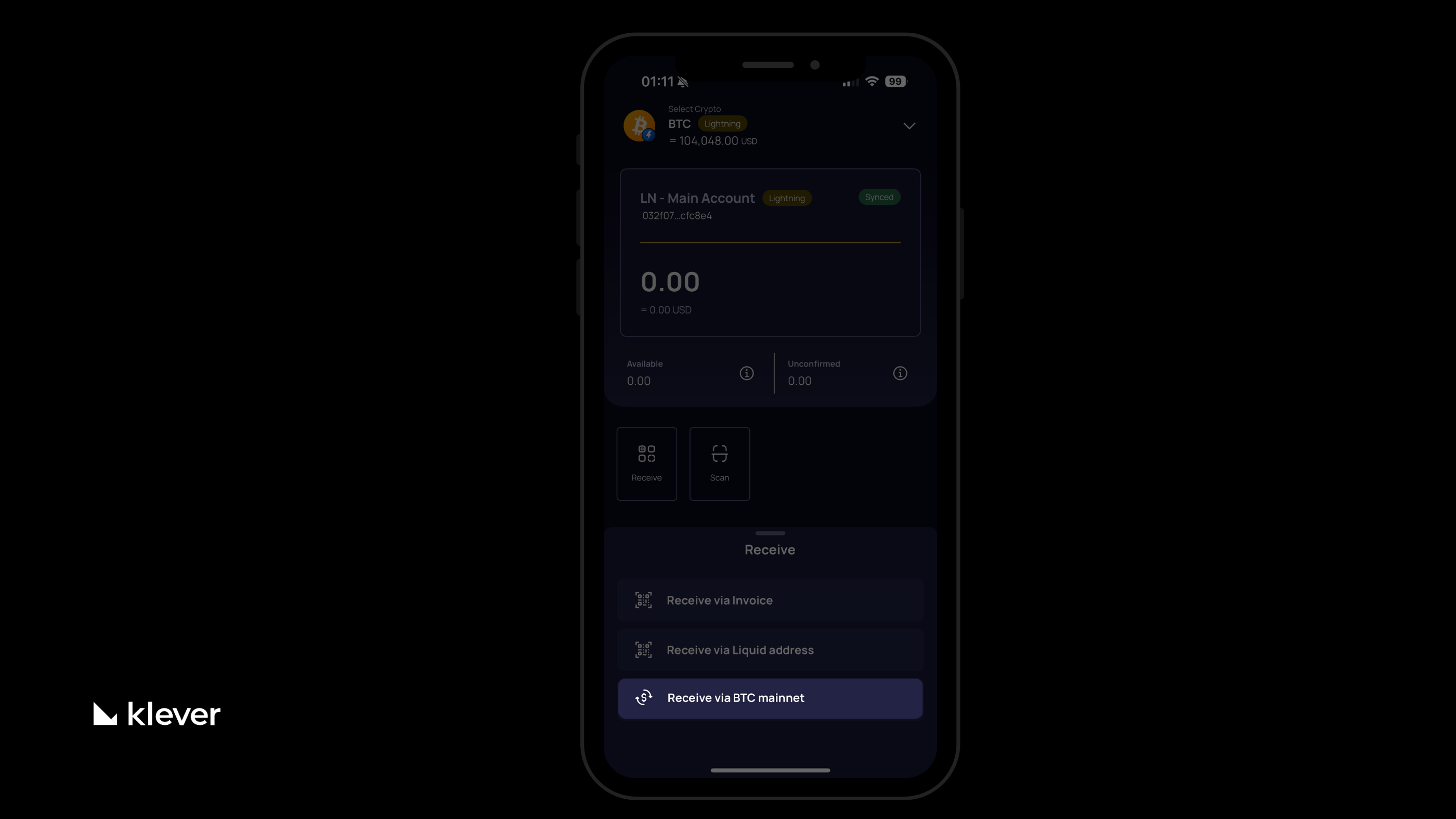 Klever Wallet screen showing Bitcoin Lightning option with “Receive via BTC mainnet” selected.