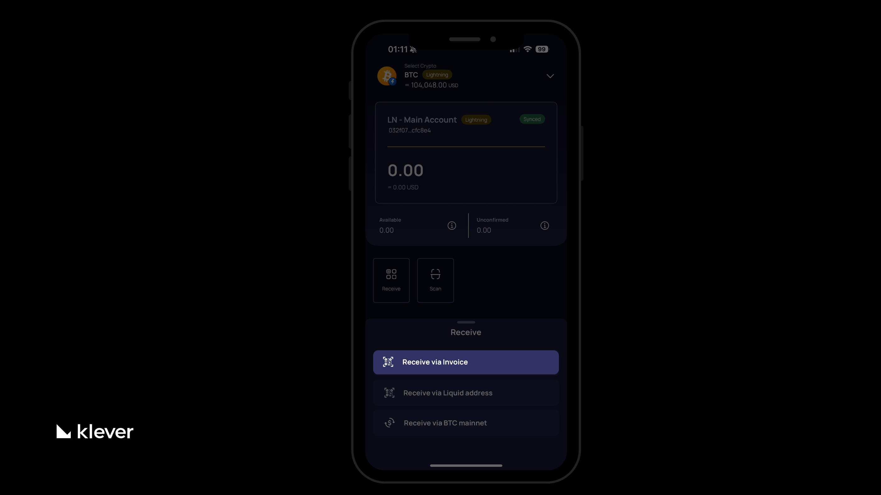 Klever Wallet screen showing Bitcoin Lightning option with “Receive via Invoice” selected.