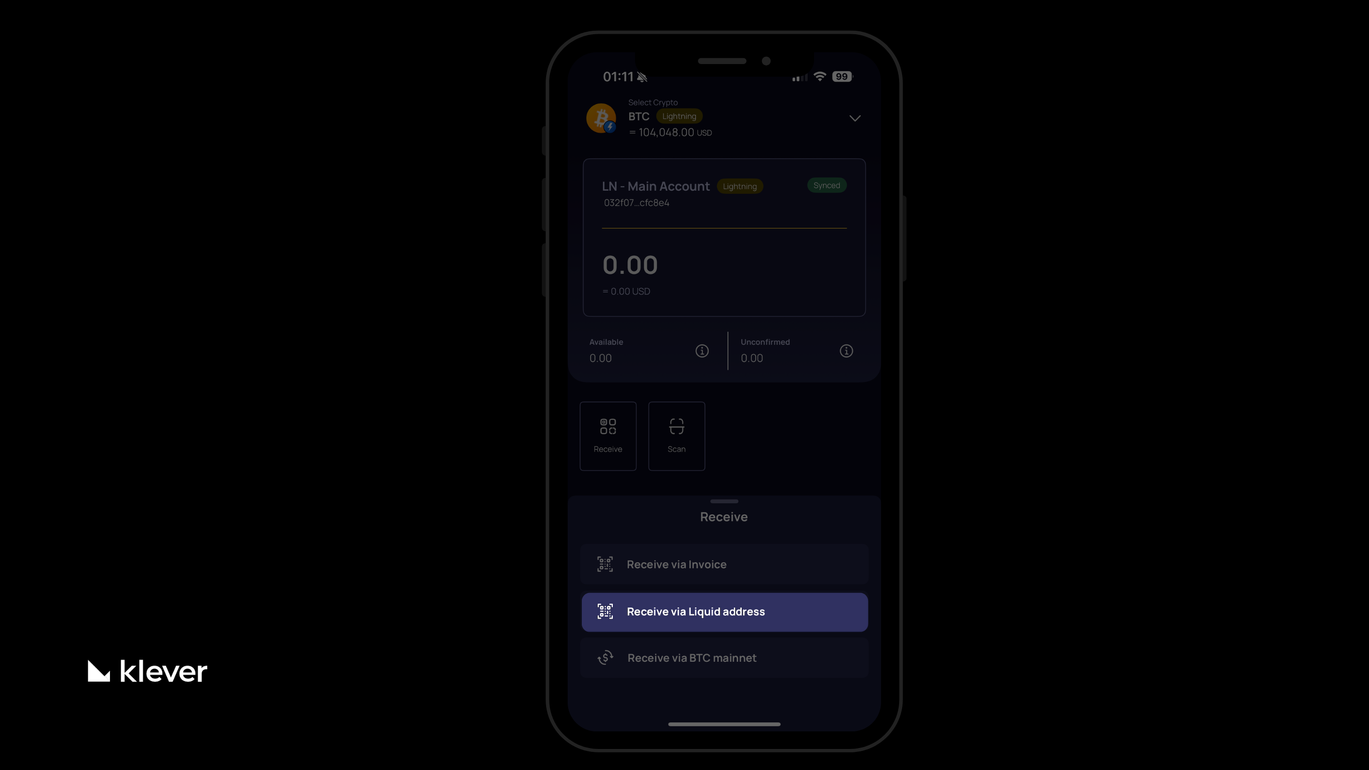 Klever Wallet screen showing Bitcoin Lightning option with “Receive via Liquid address” selected.