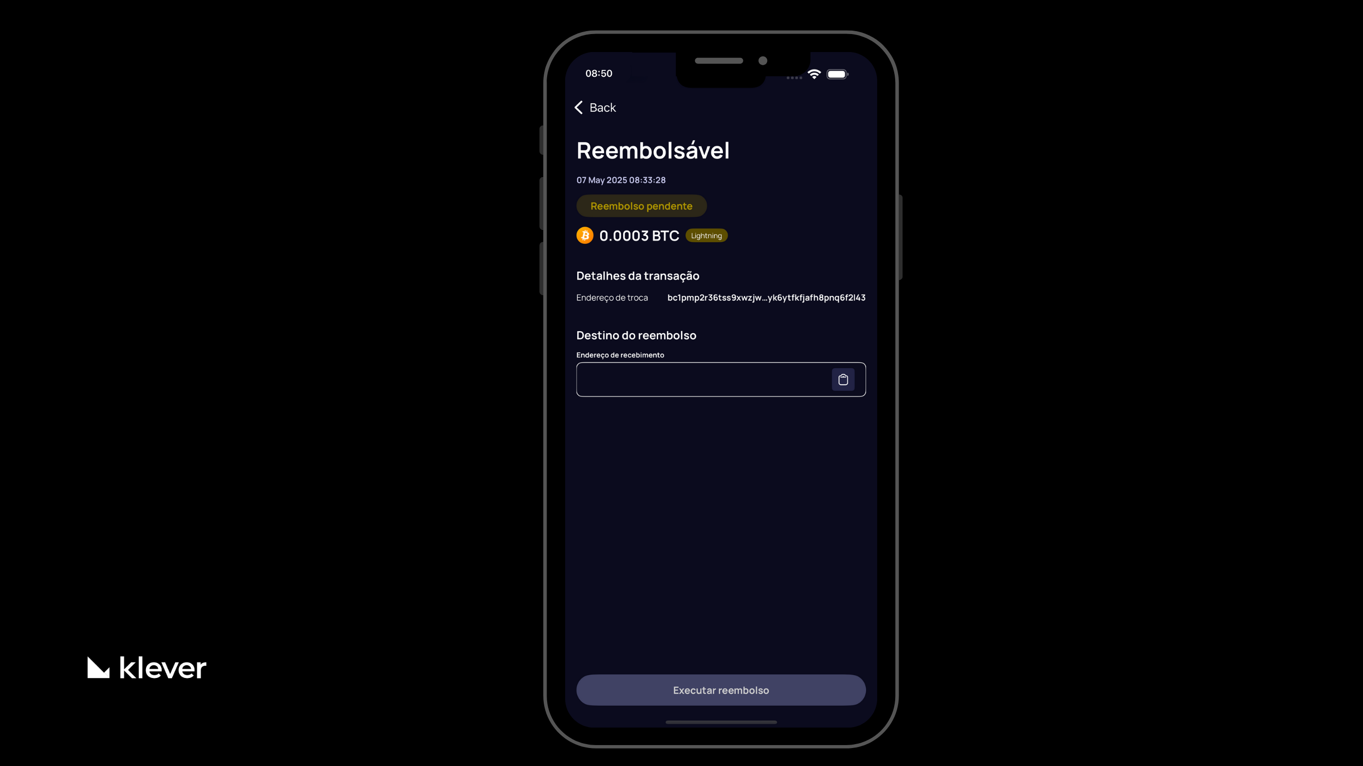 Tela de reembolso na Klever Wallet mostrando uma transação Lightning pendente com campo para inserir o endereço Bitcoin de destino e botão "Executar reembolso"