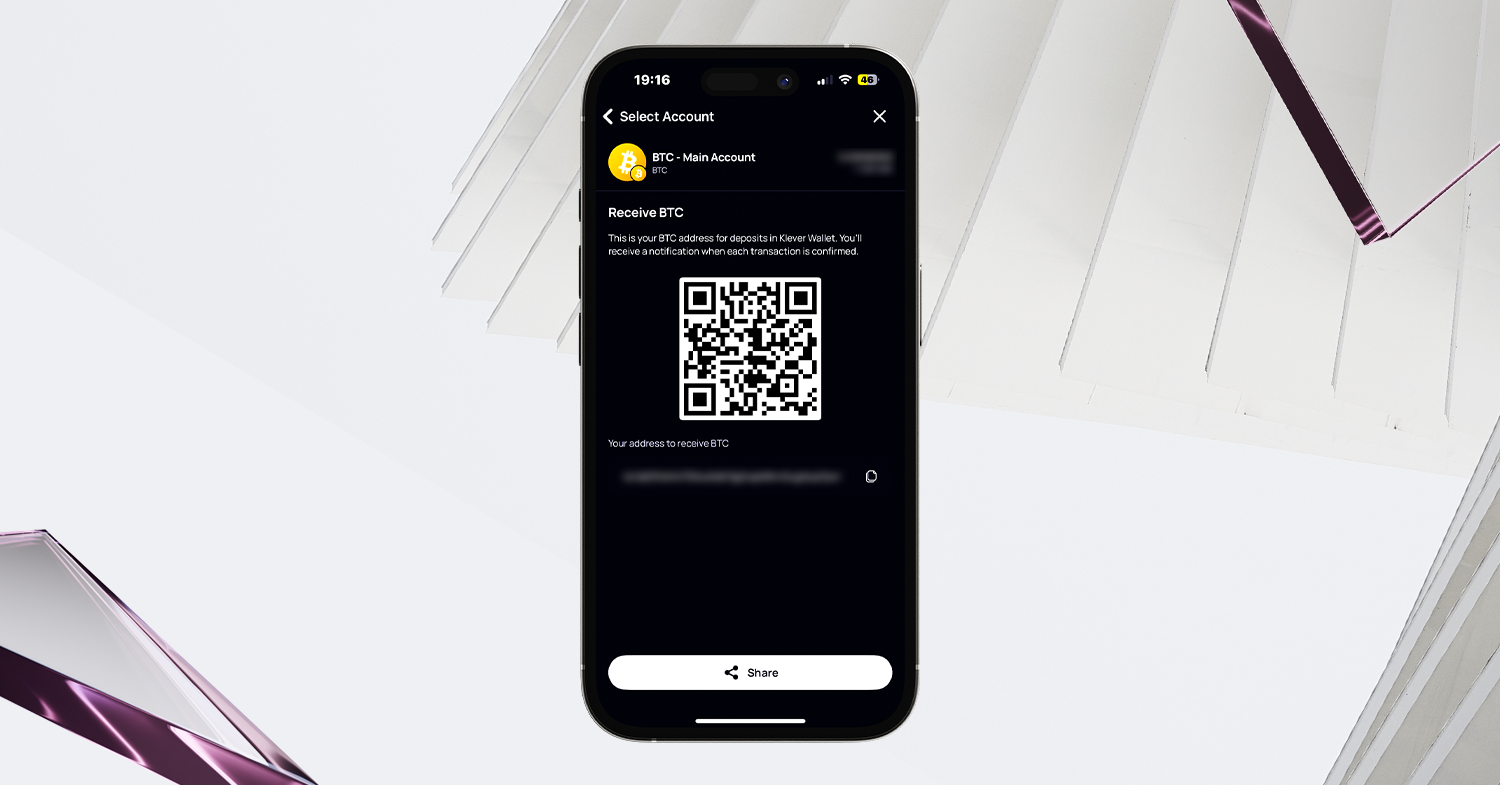 Klever Wallet screen displaying QR Code and address to receive Bitcoin (BTC) in the main account.