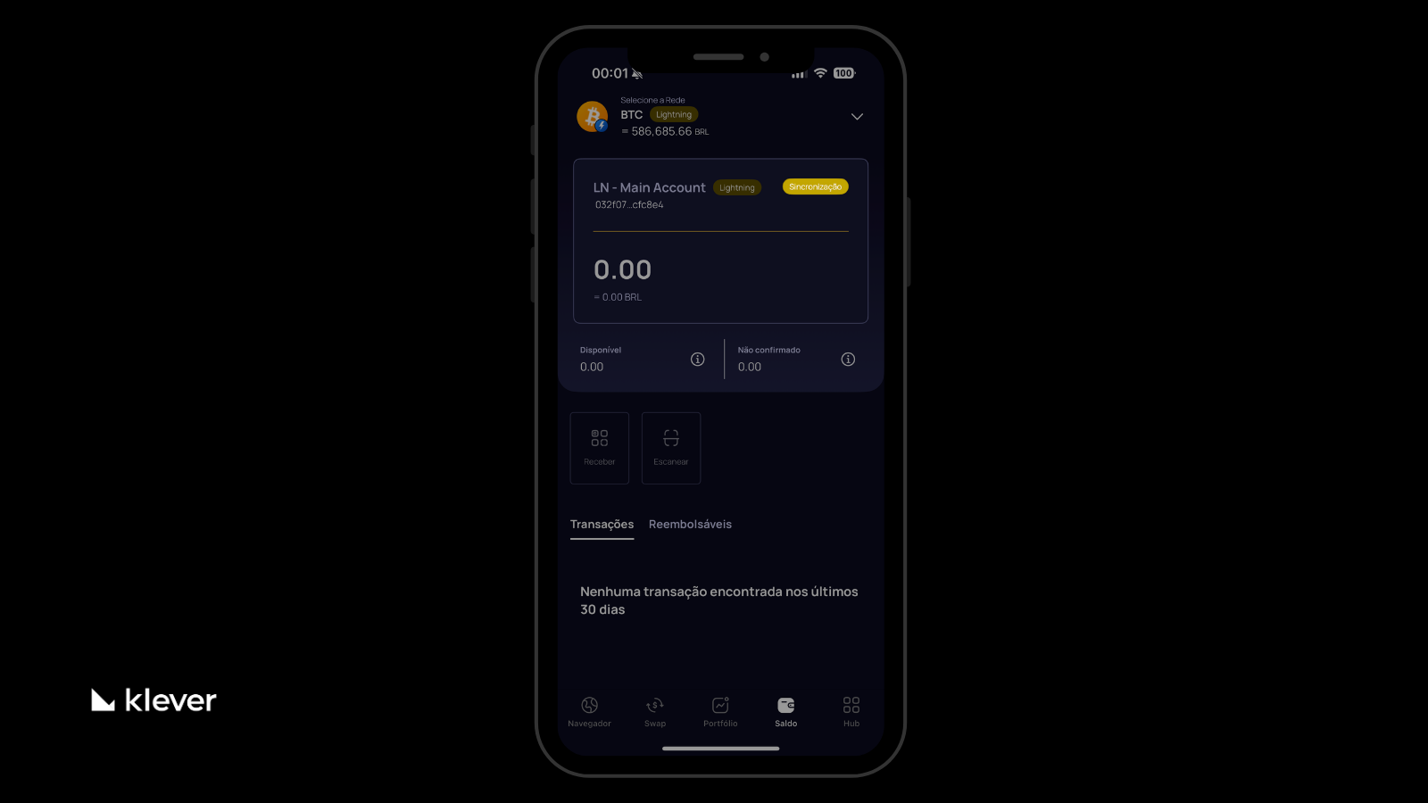 Tela do Klever Wallet exibindo a conta Bitcoin Lightning em processo de sincronização, com status “Sincronização” destacado em amarelo e opções de “Receber” e “Escanear” visíveis