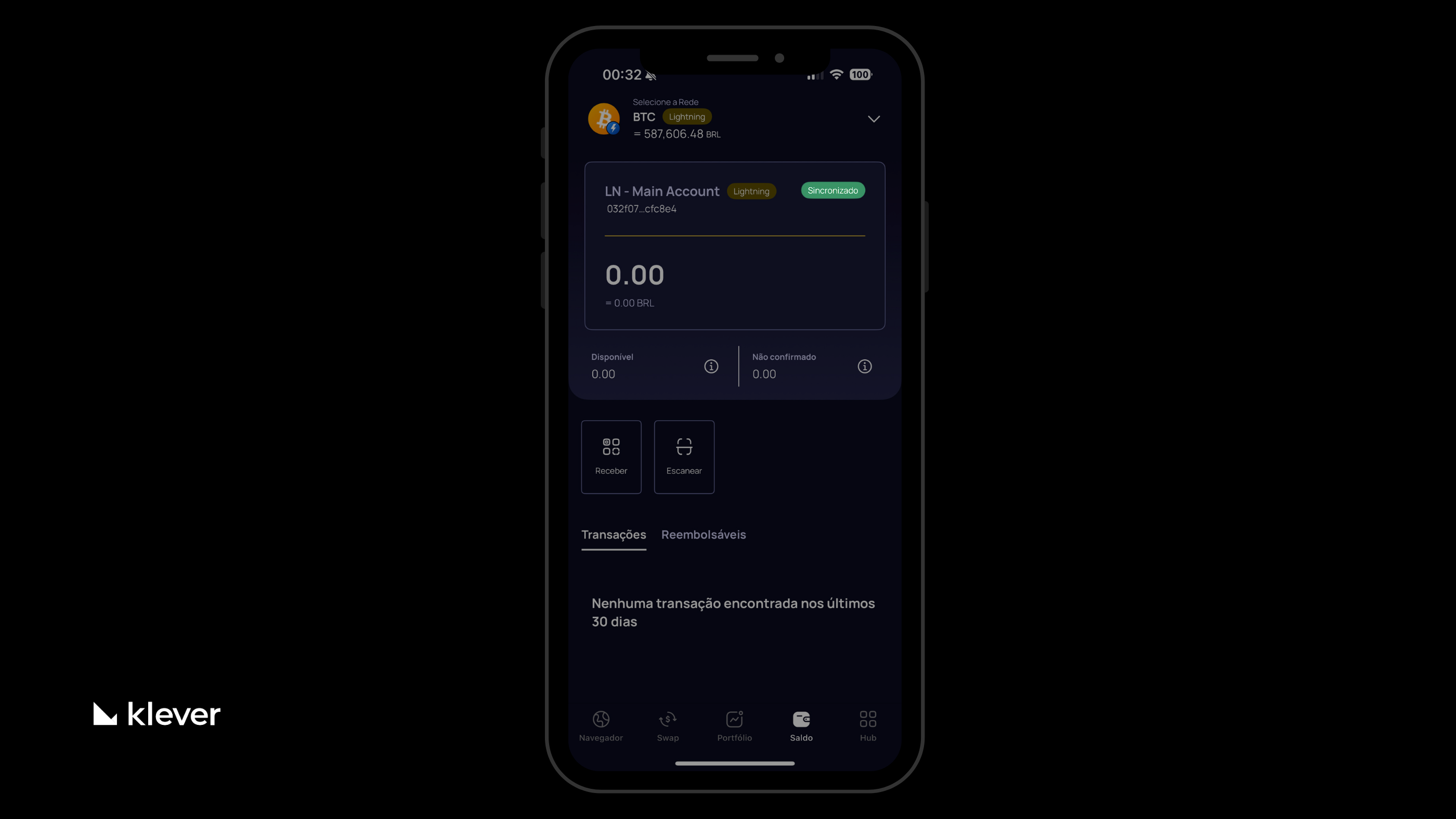 ela do Klever Wallet exibindo a conta Bitcoin Lightning sincronizada, com status “Sincronizado” em verde, saldo zerado e botões de “Receber” e “Escanear” ativados