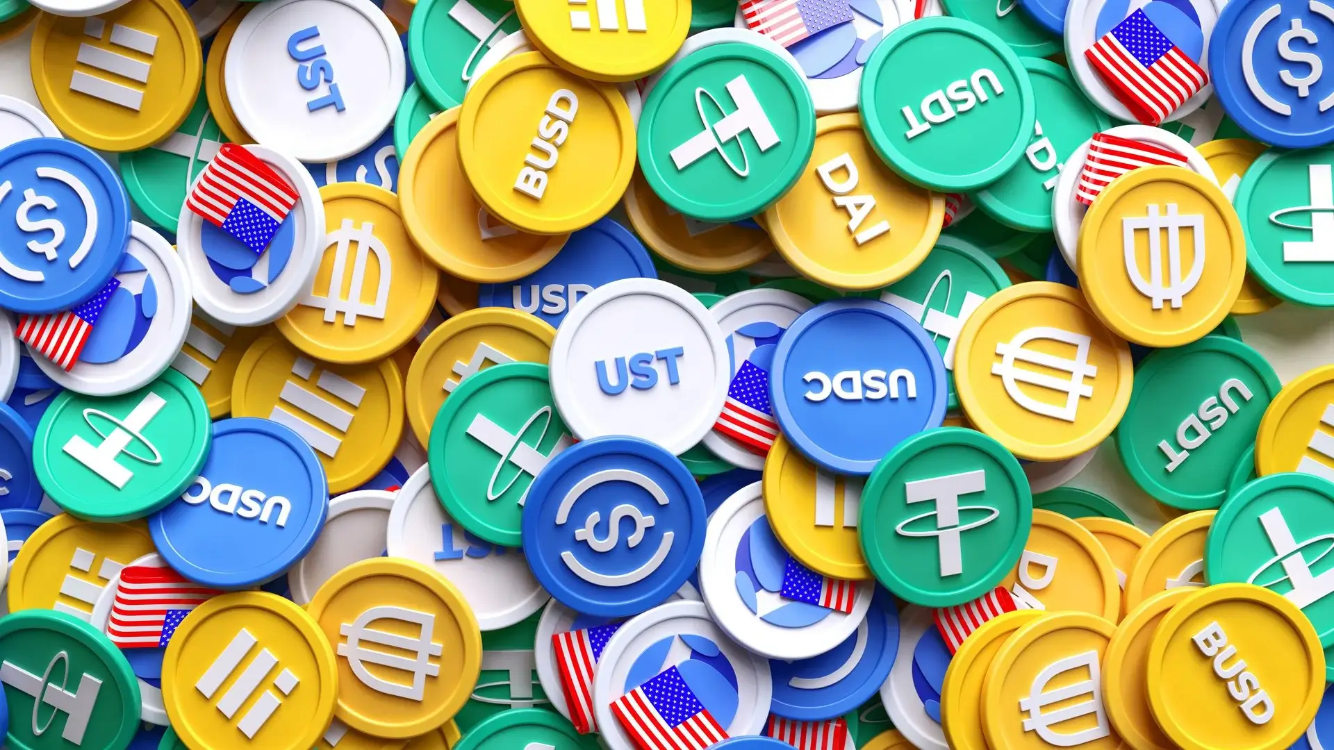Icons of stablecoins such as USDT, USDC, DAI, and BUSD stacked together, representing the market of dollar-backed digital currencies.