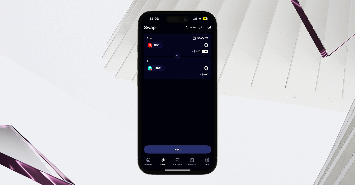 Swap screen on Klever Wallet showing TRX to USDT exchange with intuitive interface and highlighted “Next” button at the bottom.