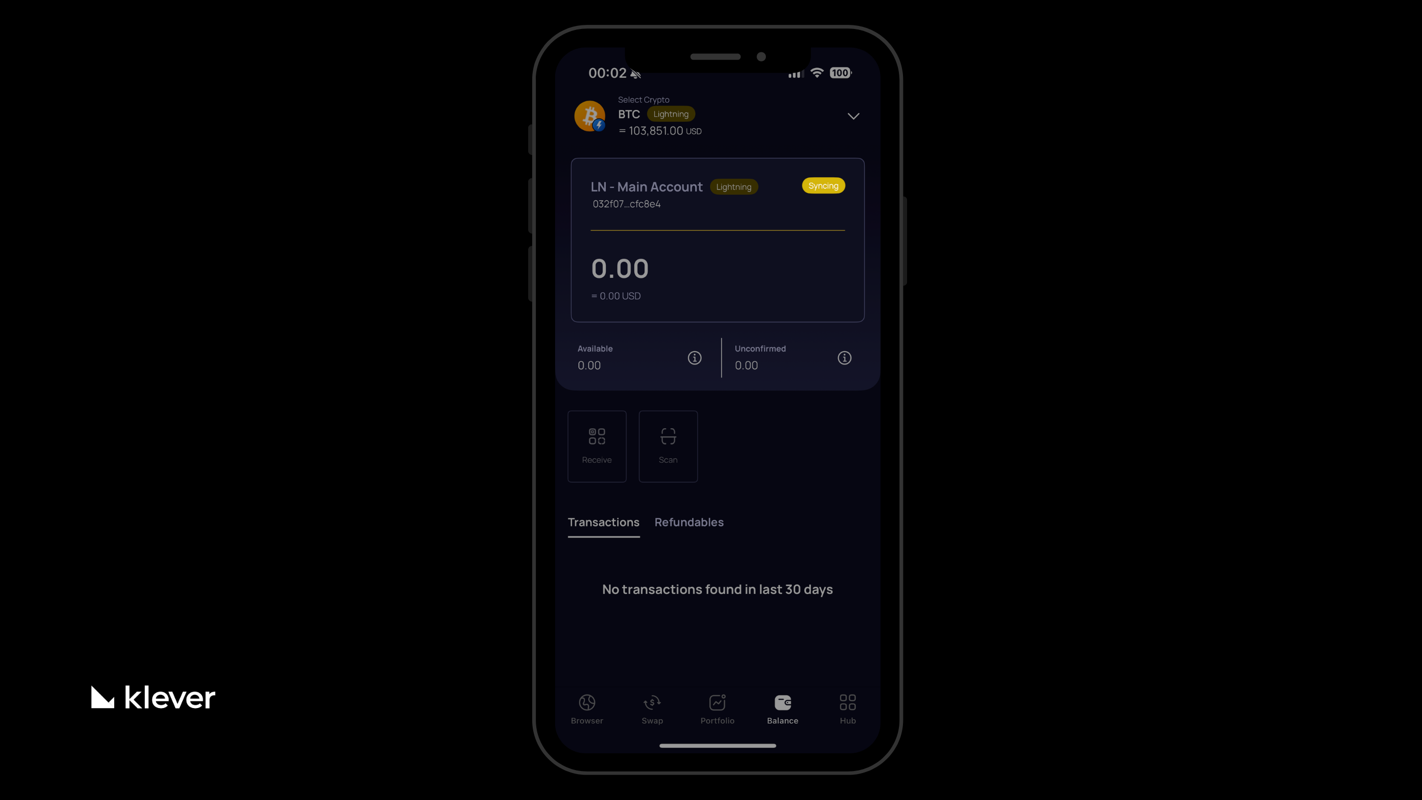 Klever Wallet screen showing Bitcoin Lightning account with ‘Syncing’ status, 0.00 BTC balance, and Receive/Scan buttons