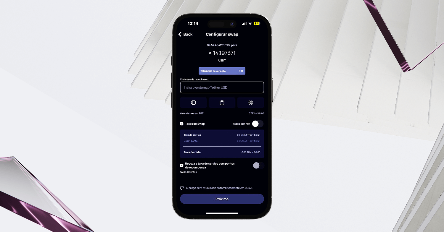 Tela de configuração de swap de TRX para USDT na Klever Wallet, exibindo endereço de recebimento, slippage e taxa com pontos KLV.