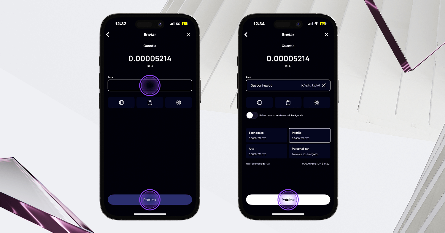Tela de envio de Bitcoin na Klever Wallet mostrando campo de endereço do destinatário e opções de taxa de rede antes de confirmar a transação.