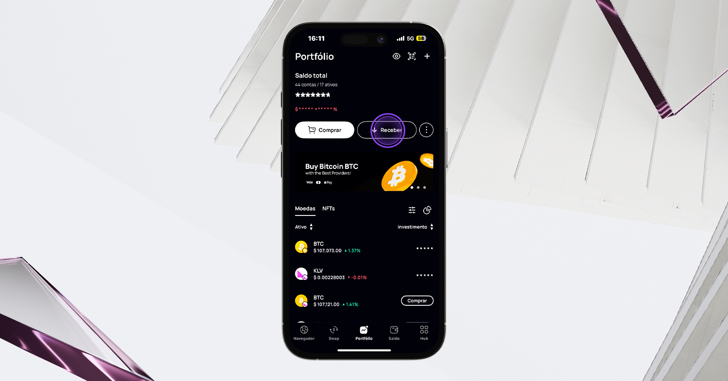 Tela do portfólio da Klever Wallet exibindo botão de recebimento de criptomoedas e saldo em BTC e KLV.