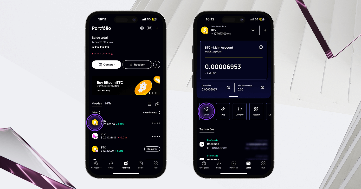 Interface da Klever Wallet mostrando o saldo em Bitcoin e opções de comprar, receber e enviar criptomoedas.