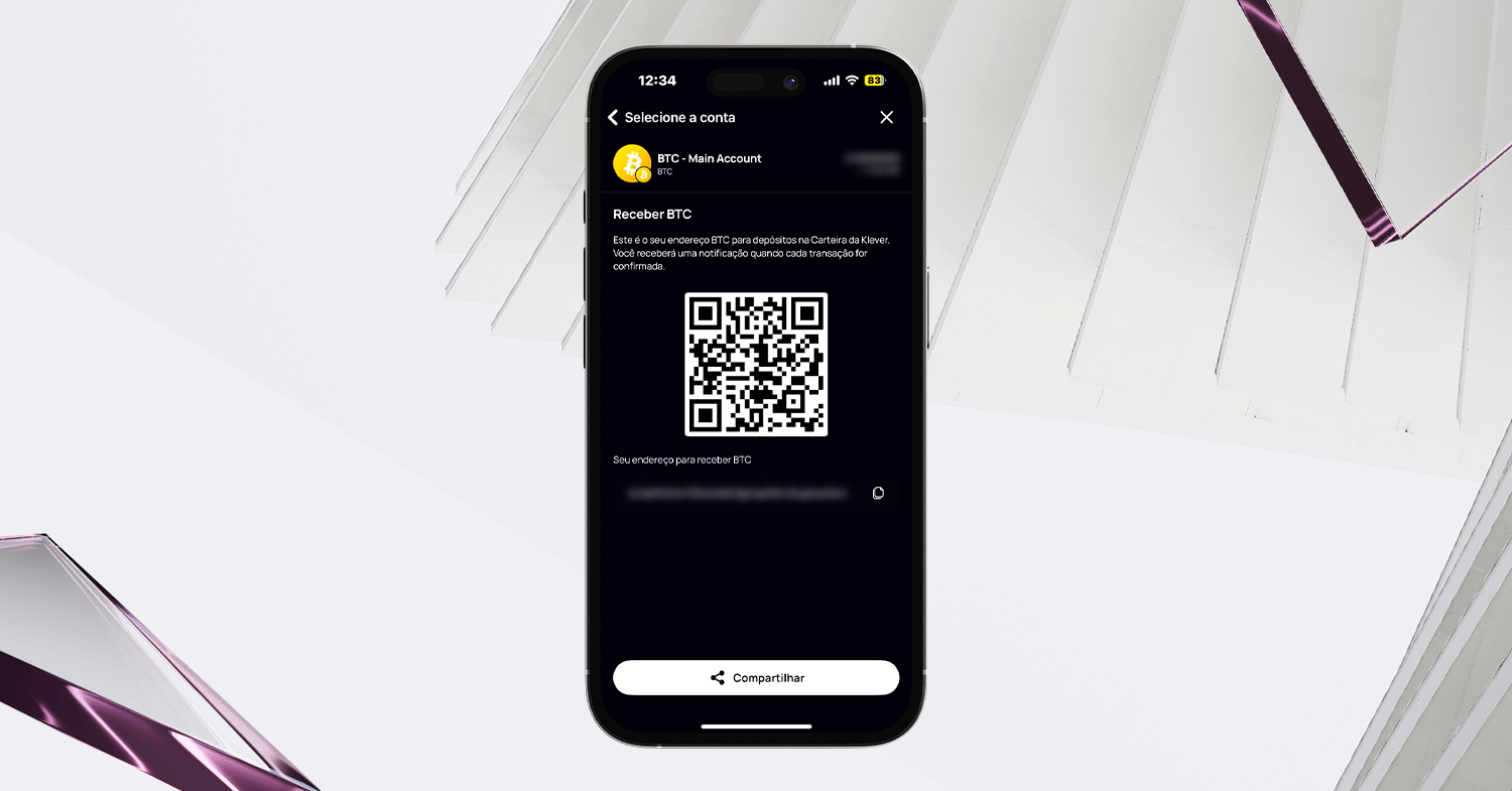 Tela da Klever Wallet exibindo QR Code e endereço para receber Bitcoin (BTC) na conta principal.