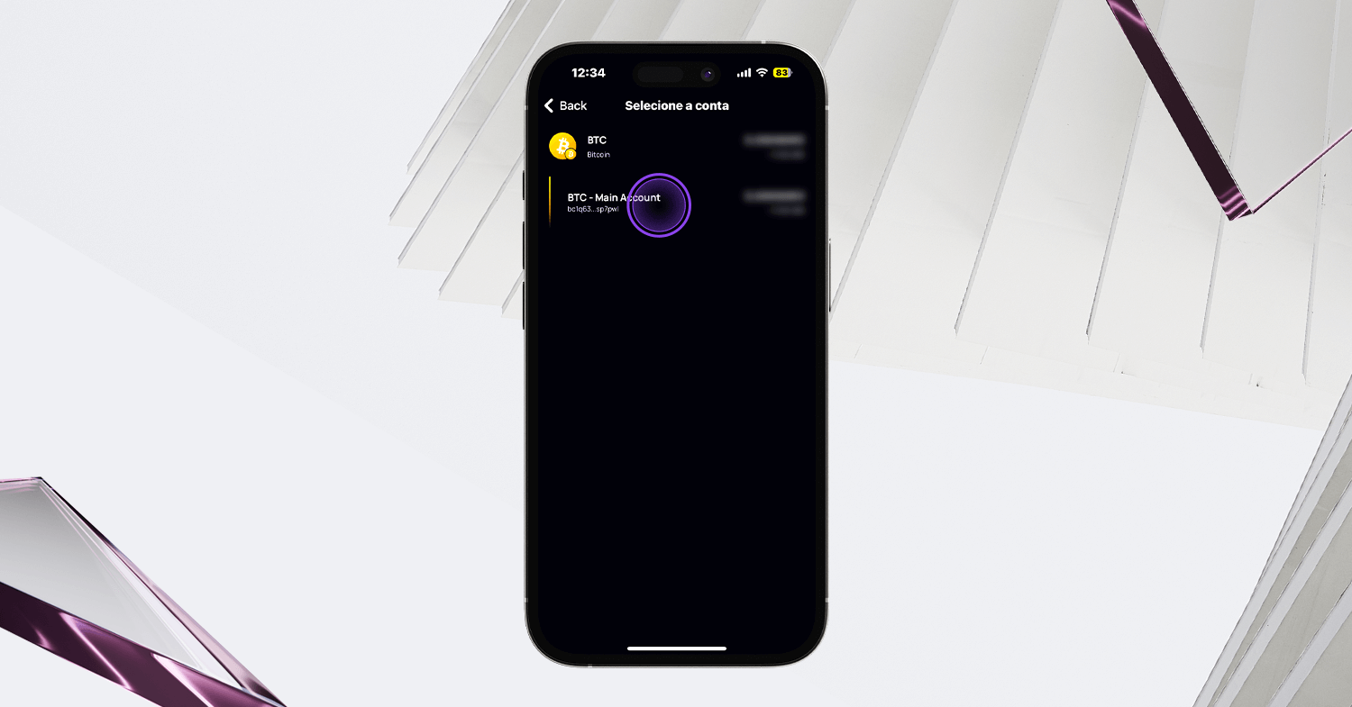 Tela de seleção de conta Bitcoin na Klever Wallet, com conta principal destacada para envio ou recebimento de BTC.