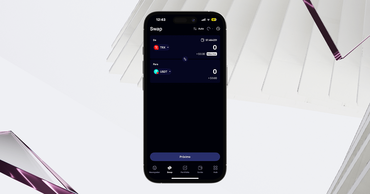 Tela de swap na Klever Wallet exibindo troca de TRX por USDT com interface intuitiva e botão “Next” destacado na parte inferior.