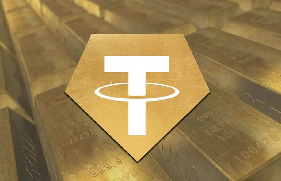 Tether Gold (XAUT) logo on gold bars, representing a stablecoin backed by physical gold.