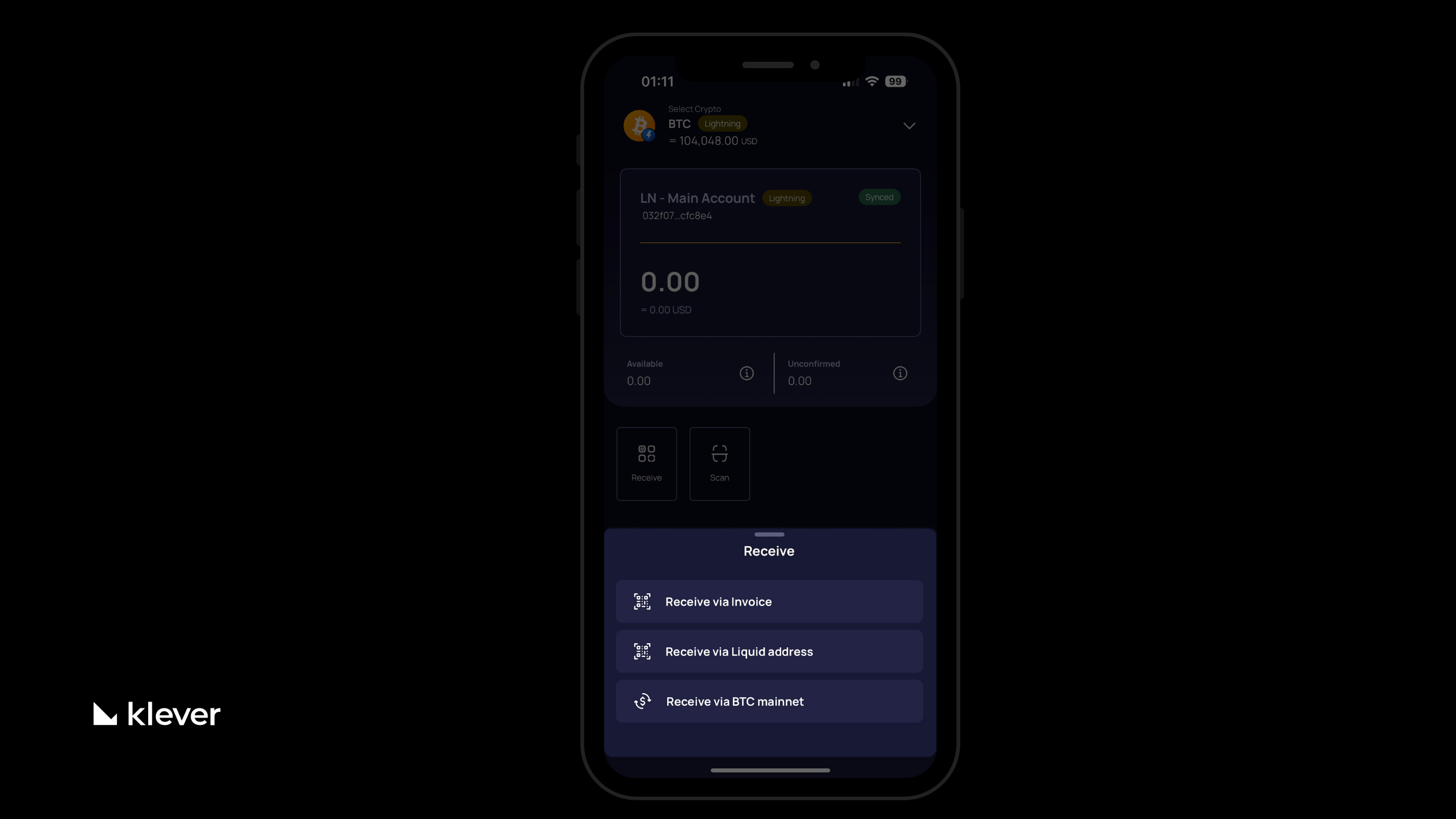 Mobile screen from Klever Wallet displaying the Bitcoin Lightning account interface
