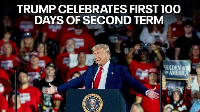 Donald Trump celebrates the first 100 days of his second term at an event with supporters wearing red.